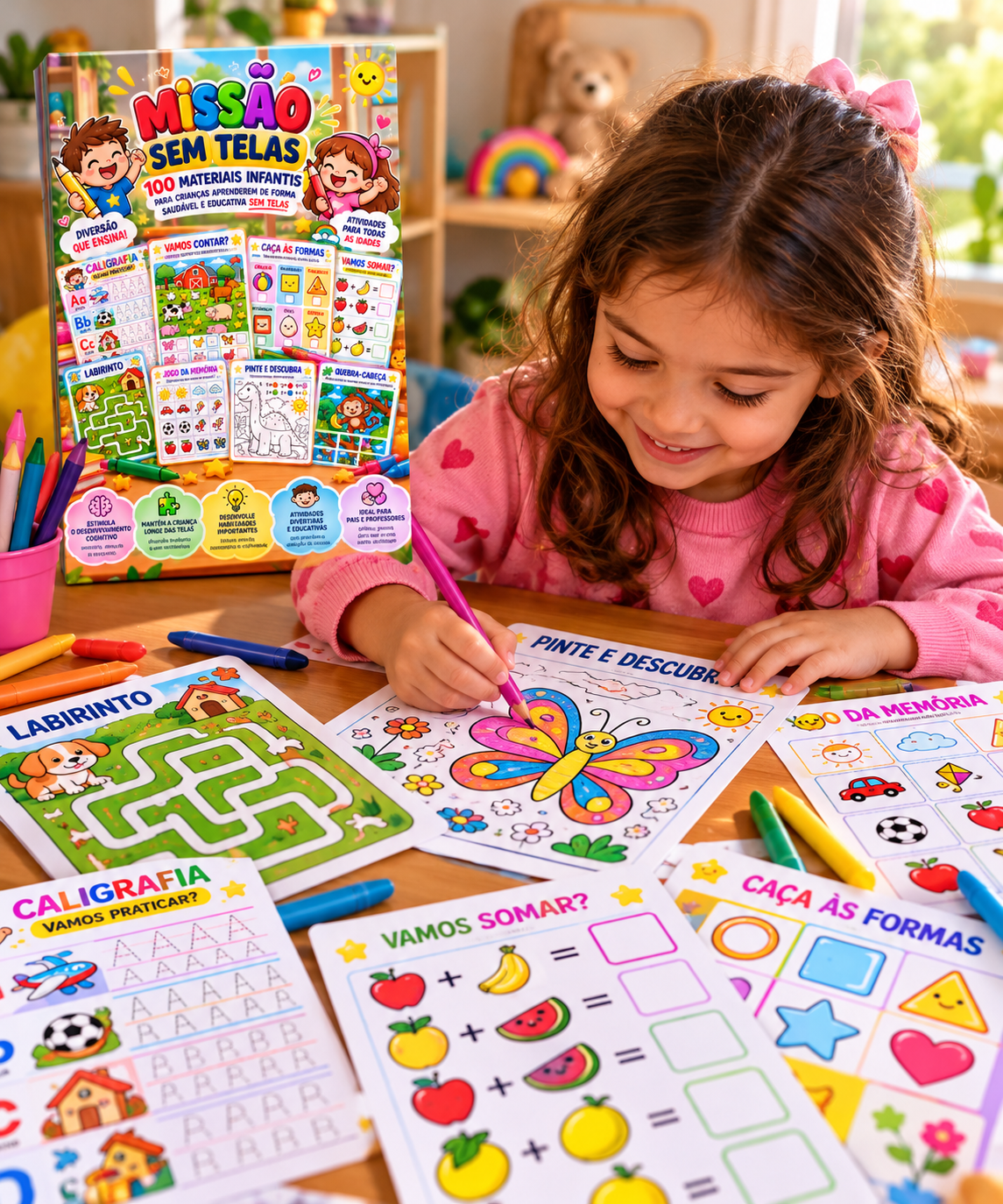 Menininha colorindo uma borboleta com o kit Missão Sem Telas